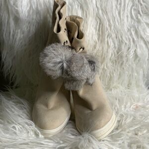 Women's Tan Ankle Boots with Faux Fur Pom Poms